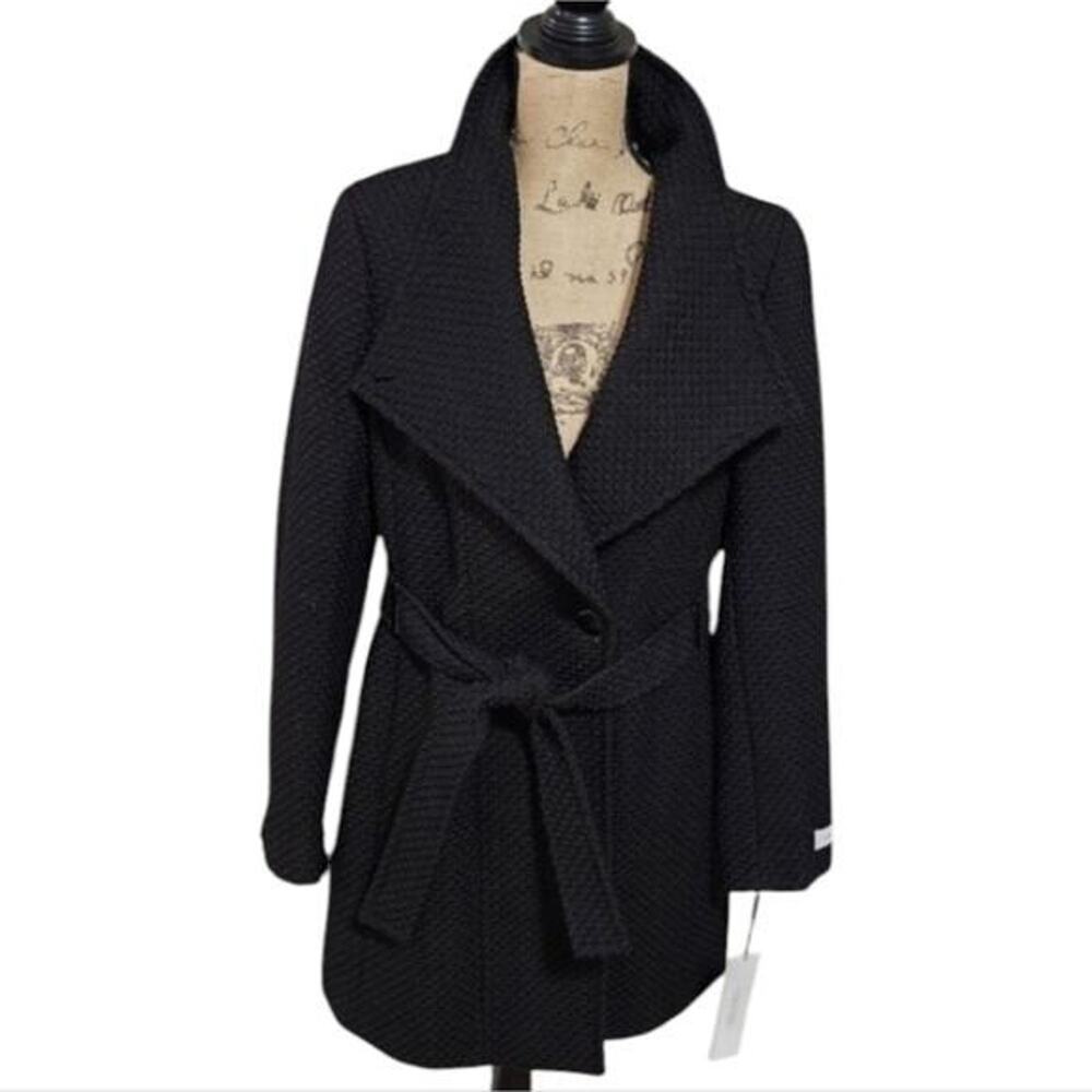 Calvin Klein Black nubby basketweave shawl collar coat ladies size large new!!!